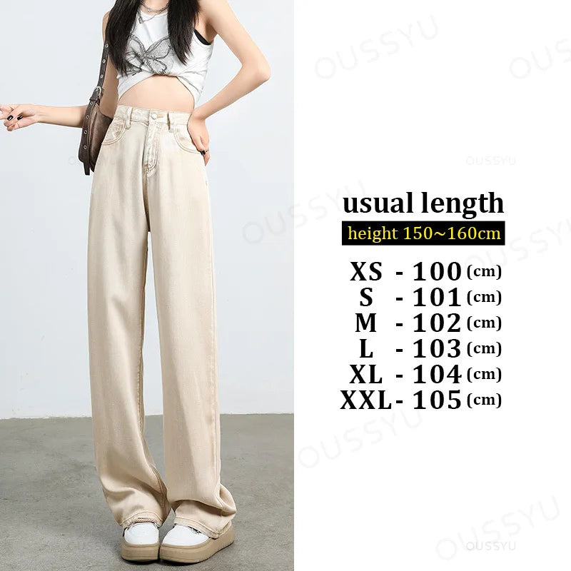 Summer Soft Lyocell Fabric Woman Jeans Loose Wide Leg Straight High Waisted Thin Pant Fashion Comfort Pink Casual Trousers