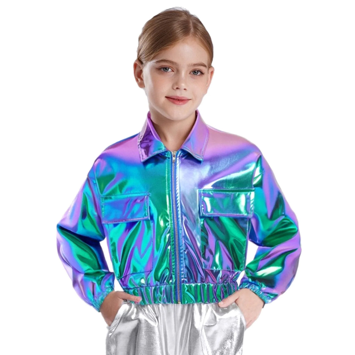 Kids Boys Girls Metallic Jacket Shiny Fashion Children's Coats Long Sleeve Disco Rave Tops Hip-Hop Jazz Dance Costume Outerwear
