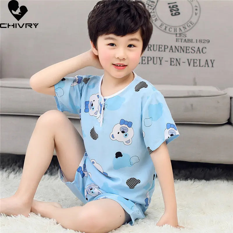 Kids Boys Girls Pajamas New 2023 Summer Thin Cute Cartoon Short Sleeve O-Neck Casual Tops with Shorts Baby Sleeping Clothing Set