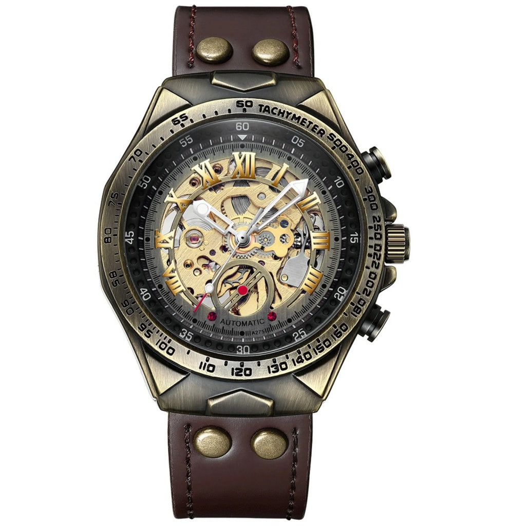 Men Automatic Mechanical Watch  Alloy Case Hollow Dial  Strap   Business Luxury Self Winding Wristwatch Gift for Gentlemen Male
