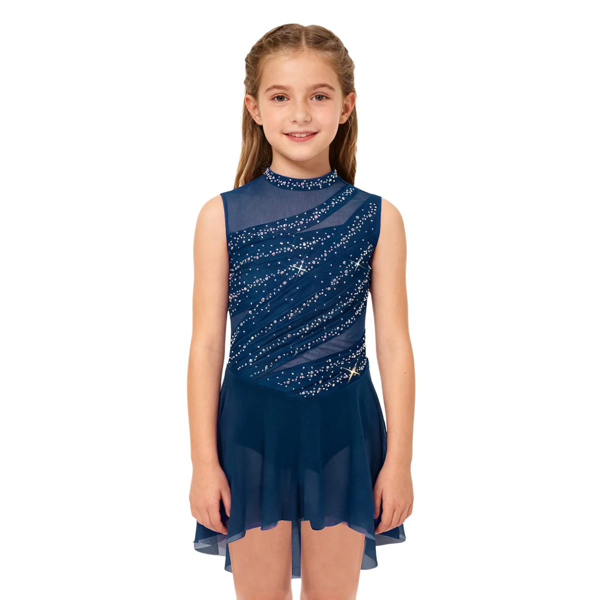 Kids Girls Lyrical Dance Dress Sleeveless Sheer Mesh Patchwork High-Low Hem Ruched Shiny Rhinestone Leotard Dress Ballet Dresses