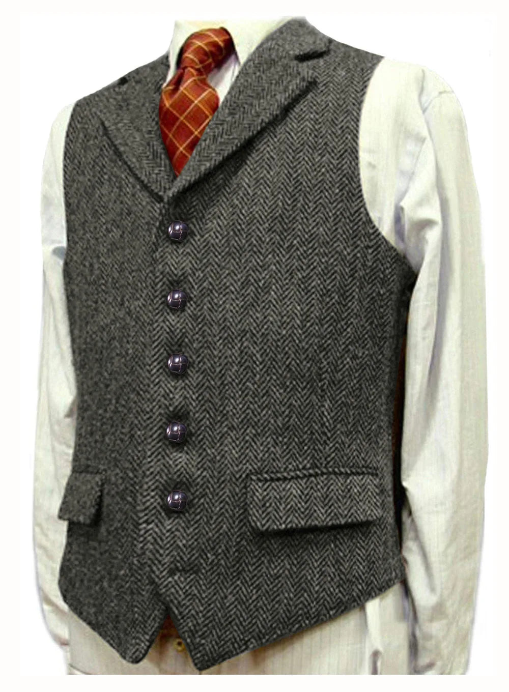 Men Vest With Lapel Boutique Herringbone Wool Tweed Slim Fit Waistcoat Casual Formal Business Wedding Daily Men Suit Vest