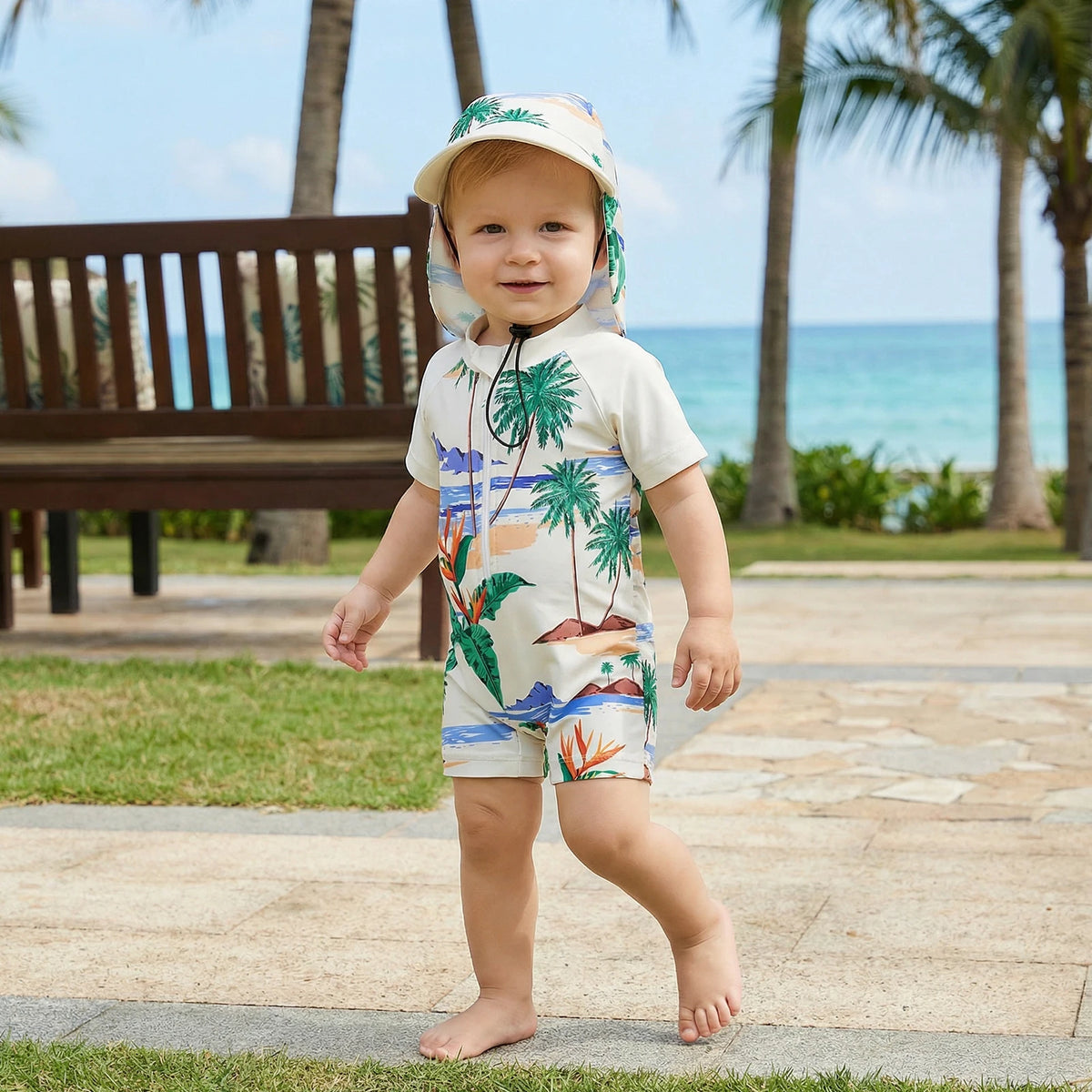 Toddler Boys Rash Guard Swimsuit Sea Animal/Tropical Plant Print Short Sleeves Mock Neck Zipper Romper Swimwear Cap Beachwear