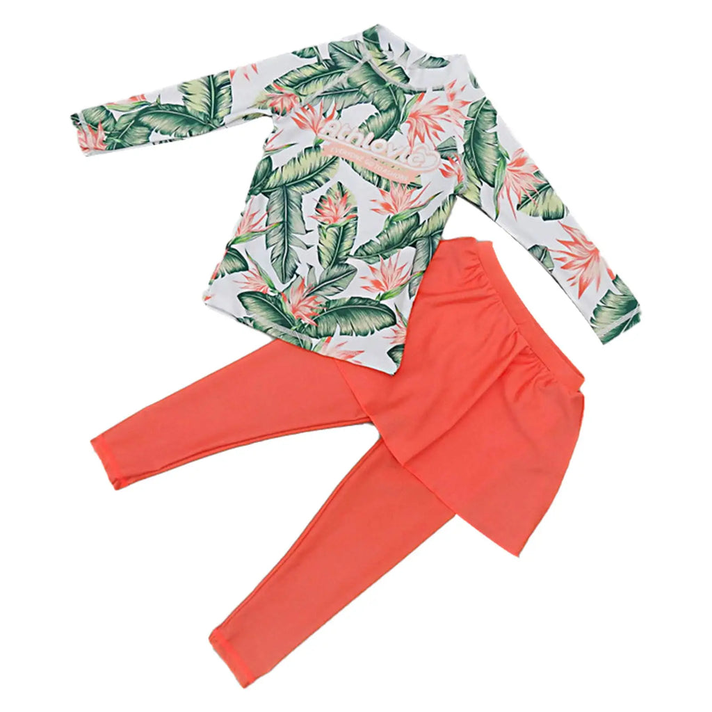 Kids Girls Swimsuit Swimwear Outfits Floral Printed Beachwear Sets Bathing Suit Long Sleeves Tops with Skirted Pants Rash Guard