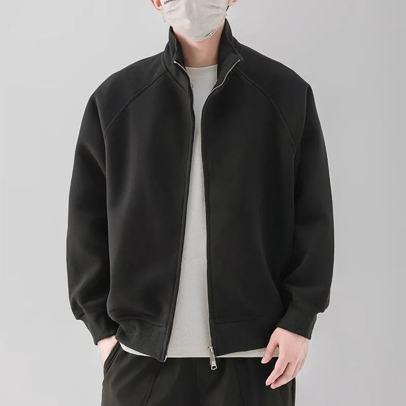 Solid Color Stand Collar Zipper New Sports Men's Loose Casual Versatile Jacket Cardigan Sweater
