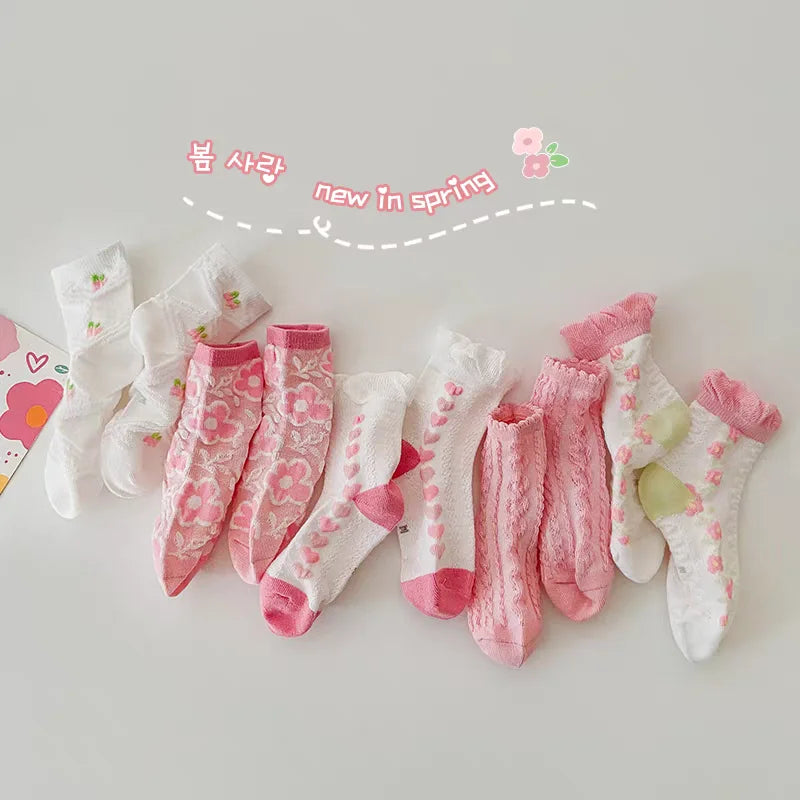 5 Pairs Kids Pink Socks Set Summer Floral Design Comfortable Half Socks Sweet Princess Child Girls Fashion Footwear
