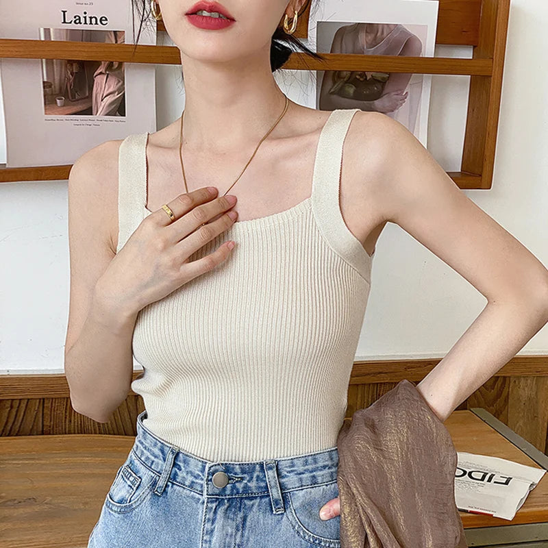 Summer Spring Camisole Tops Women Sleeveless Knitted T-Shirts Crop Tops Female Elastic Slim Casual Vests Pullover Camis & Tanks