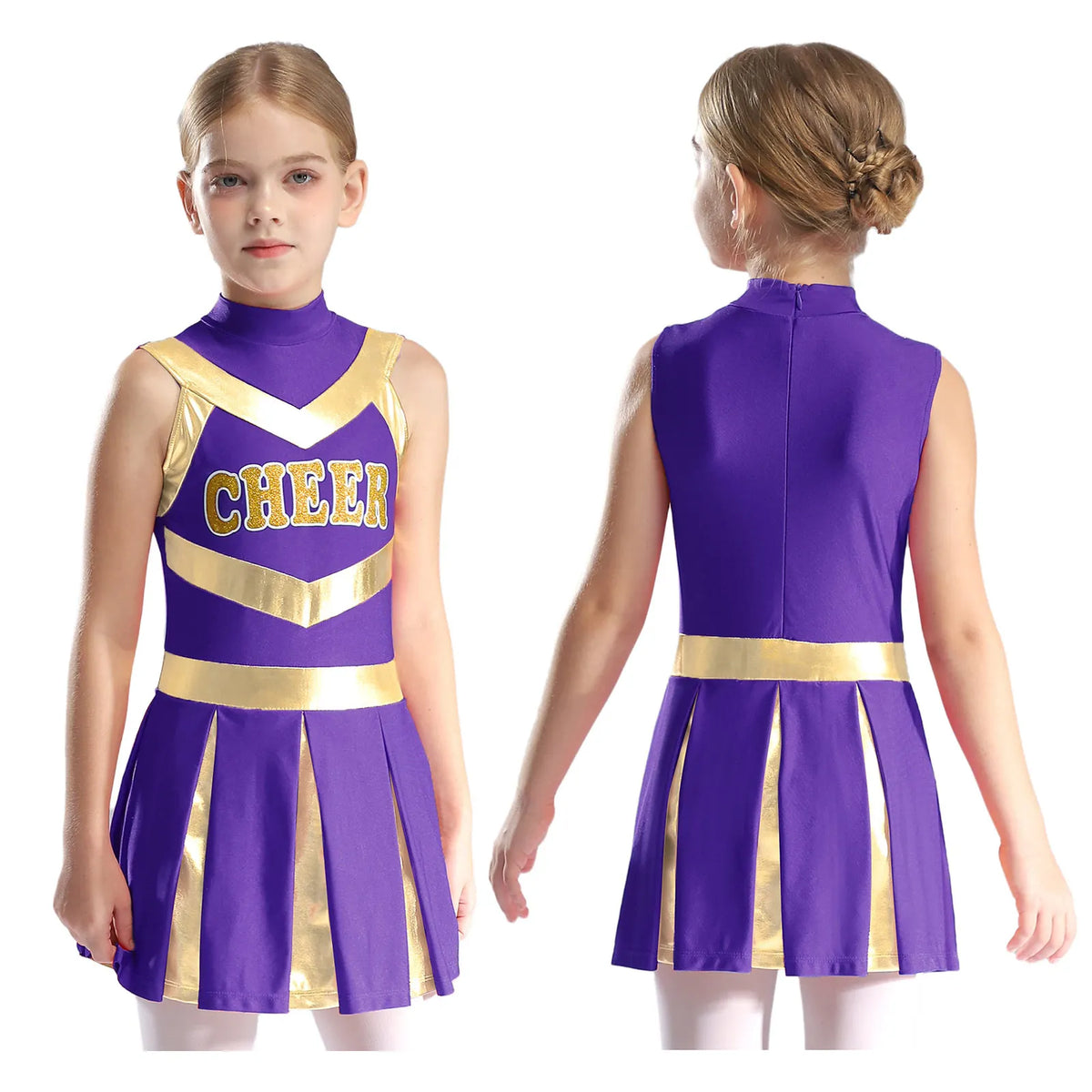 Kids Girl Cheerleading Dance Performance Costume Sleeveless Leotard Dress for School Show Sports Meeting Halloween Cosplay Party