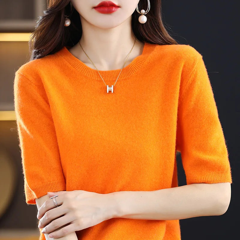 2025 New Spring Summer Women Sweater Short Sleeve O-Neck Pullover 100% Merino Wool Pure Color Knitted Jumper Female Clothing