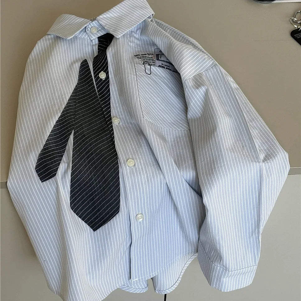 Children Clothes Kids Casual Shirt Spring 2026 Boys Striped Shirt Korean-style Tie Print Girls Stylish Simple Kids Casual Shirt