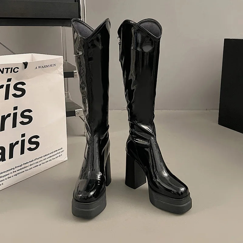 Women's Boots Fashion Comfy Black White Knee-High Boot Soft Leather Chunky Heel Long Boots Elegant Women Retro Boots Botas Mujer