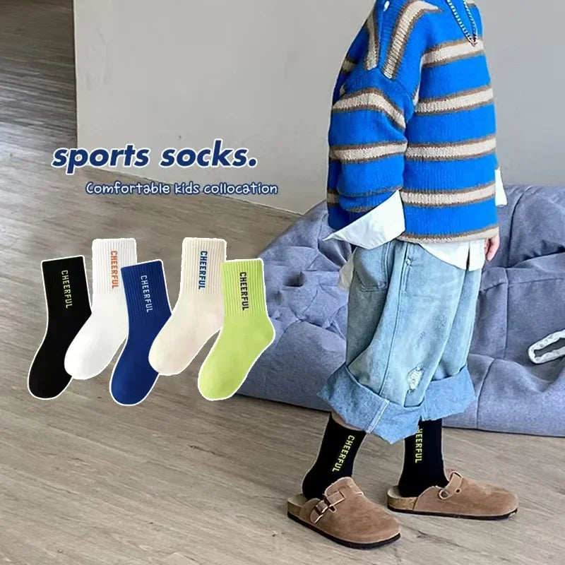Kids Boys Sports Socks 5 Pairs Letter Breathable Anti-pilling Comfortable Soft Concise Half Socks For Child Boys And Girls