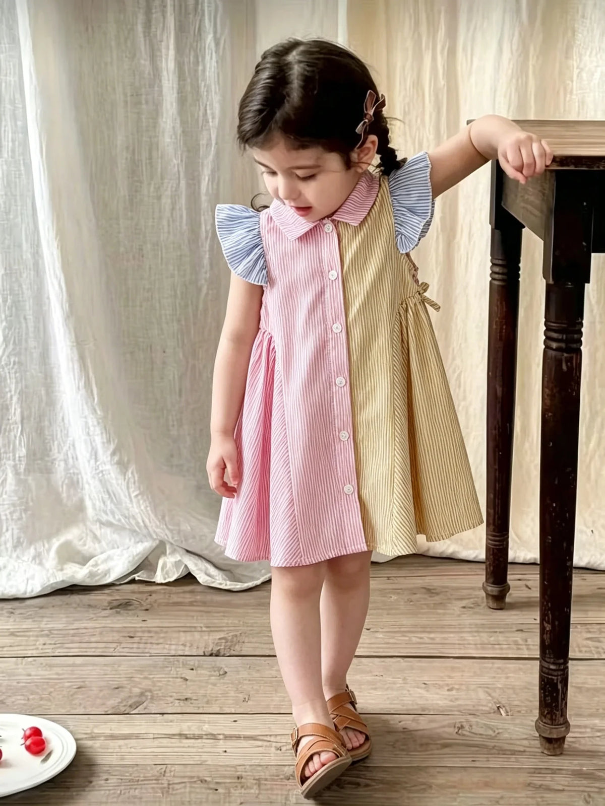 Children's Striped Color-Block Dress Baby Collar Sleeveless Ruffle Edge Single-Breasted Knee-Length Clothing for Kids