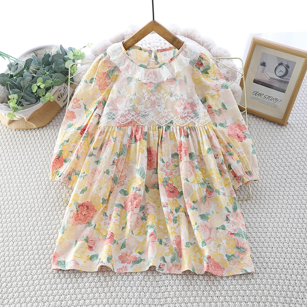 Kids Dresses for Girls Casual Lace-Trimmed Crewneck Long Sleeve Dress Children's Clothes