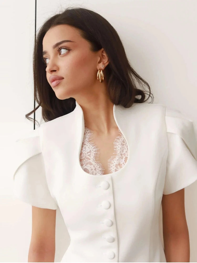Elegant Fitted Shirts Women V Neck Lace Patchwork Single Breasted Puffy Short Sleeves Solid Blouse Female 2026 Spring New Tops