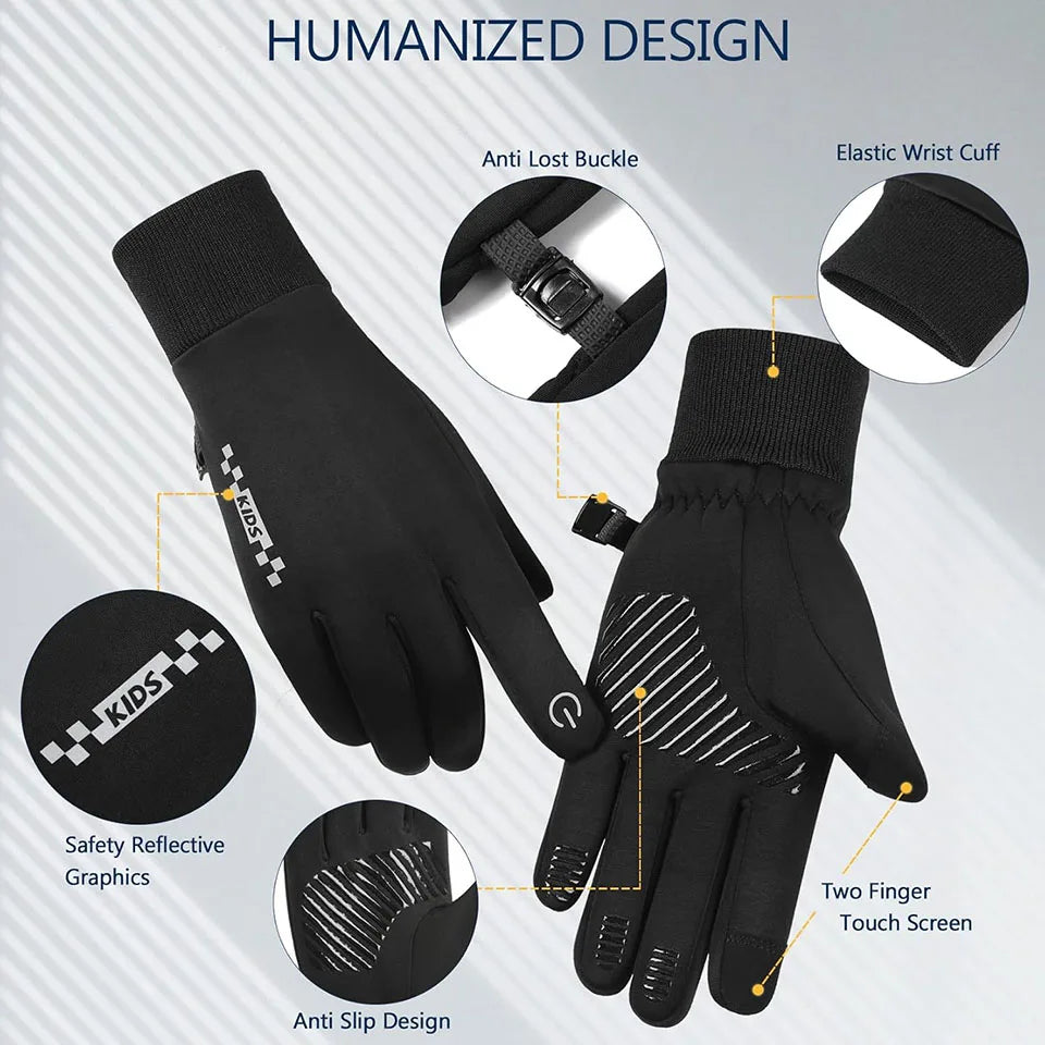 GTUBIKE Kids Cycling Gloves Sports Winter Thermal Boys Girls Children Windproof Anti-Slip Touchscreen Gloves Age 5-14 Years