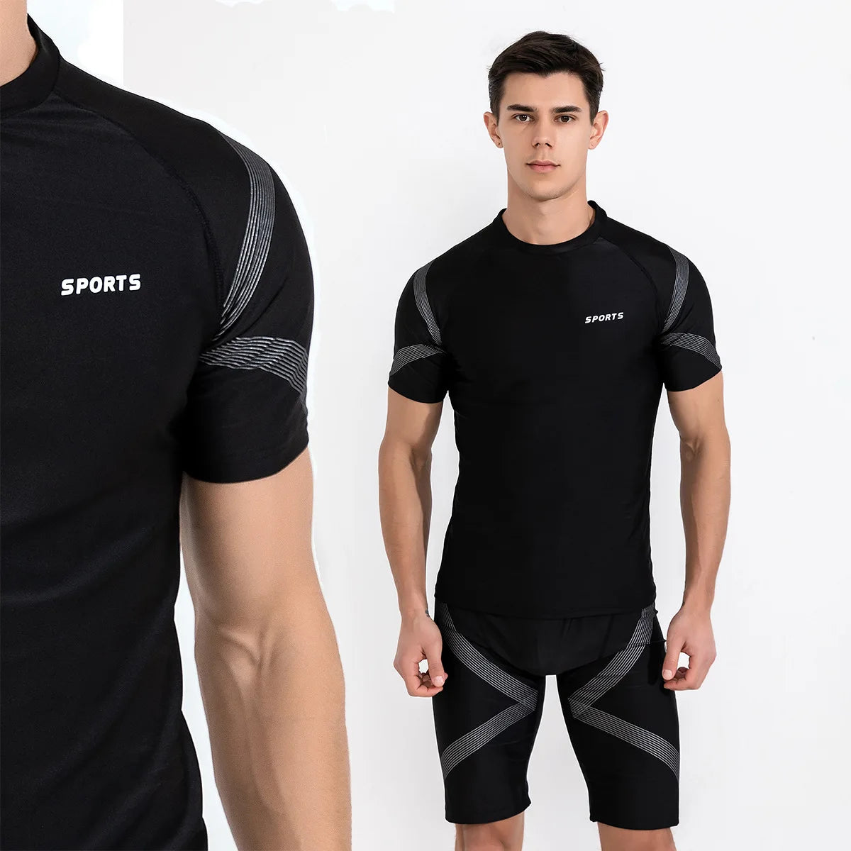 Swimwear Men 2 Piece Sets Tight Elastic Shorts Shirts Swimsuit Surf Board Bathing Suit Rash Guards Wetsuits Sports Beachwear New