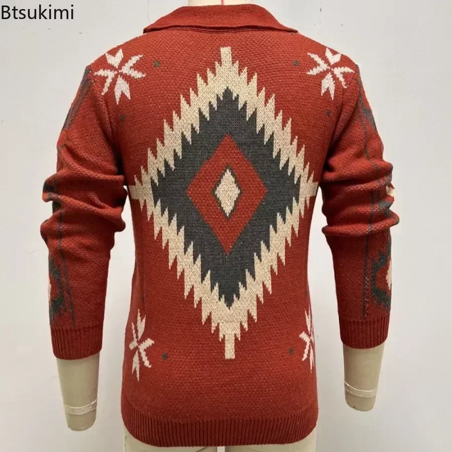2026 Autumn/Winter Men's Sweaters Lapel Retro Jacquard Sweater Coats Man Knitted Cardigan Thicker Warm Sweater for Men's Jacket