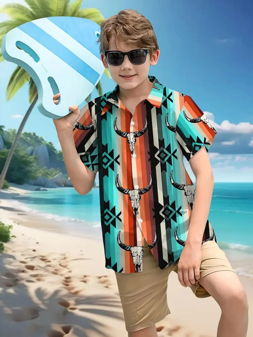 Kid's Boys Top Fashion Personality Print Pattern Stand-Up Collar Short Sleeved Shirt Summer Clothes for Children Boy's 3-9 Years