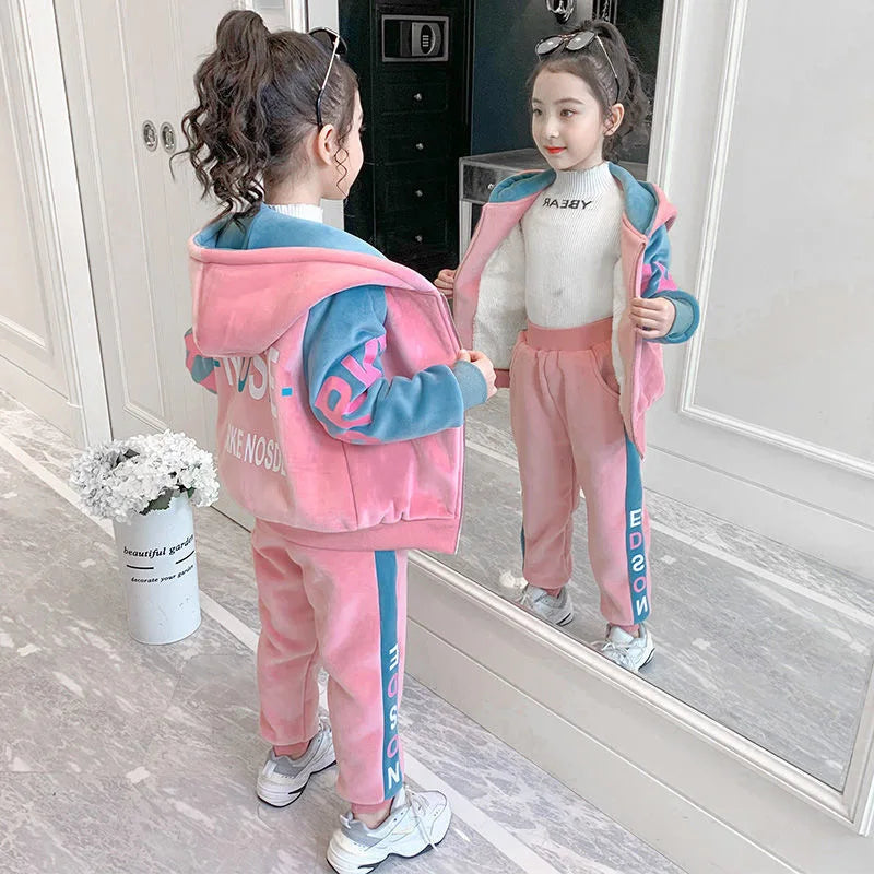 2026 Winter Autumn Girls Tracksuit Toddler Teenager Cloth Striped Velvet Jacket Hooded + Letters Pant Children Kids 8 10 12 Year