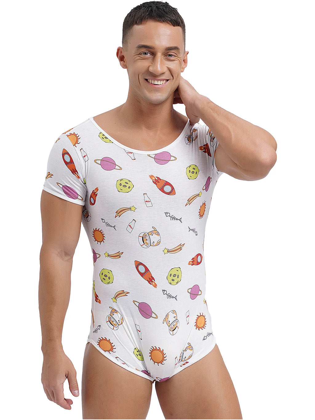 Mens Pajamas Bodysuit Sleepwear Cute Cartoon Print Short Sleeve Leotard Buttoned Crotch Diaper Rompers Pajama Swim Bathing Suit