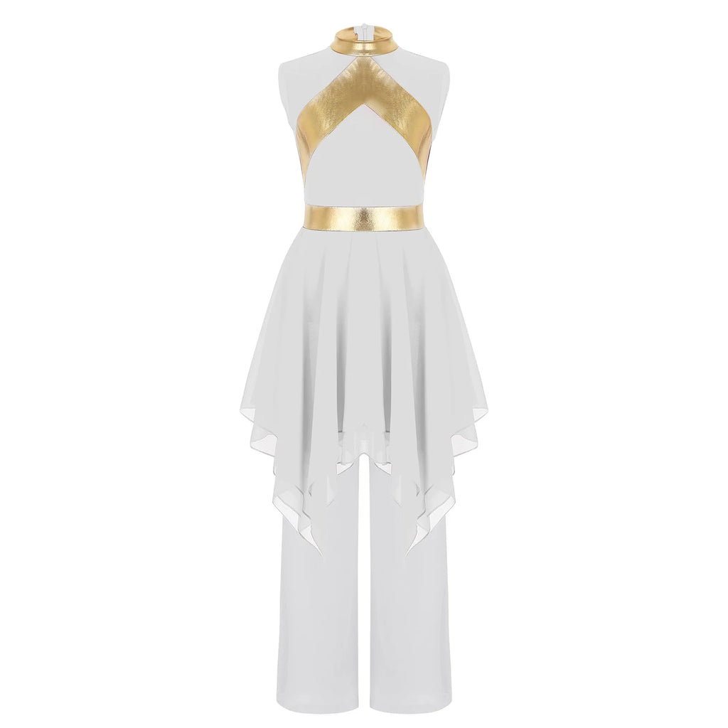 Kids Girls Liturgical Dance Outfits Sleeveless Asymmetrical Hem Contrast Color Dress Sequin Bodice Tunic with Wide-Leg Pants Set