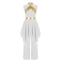 Kids Girls Liturgical Dance Outfits Sleeveless Asymmetrical Hem Contrast Color Dress Sequin Bodice Tunic with Wide-Leg Pants Set