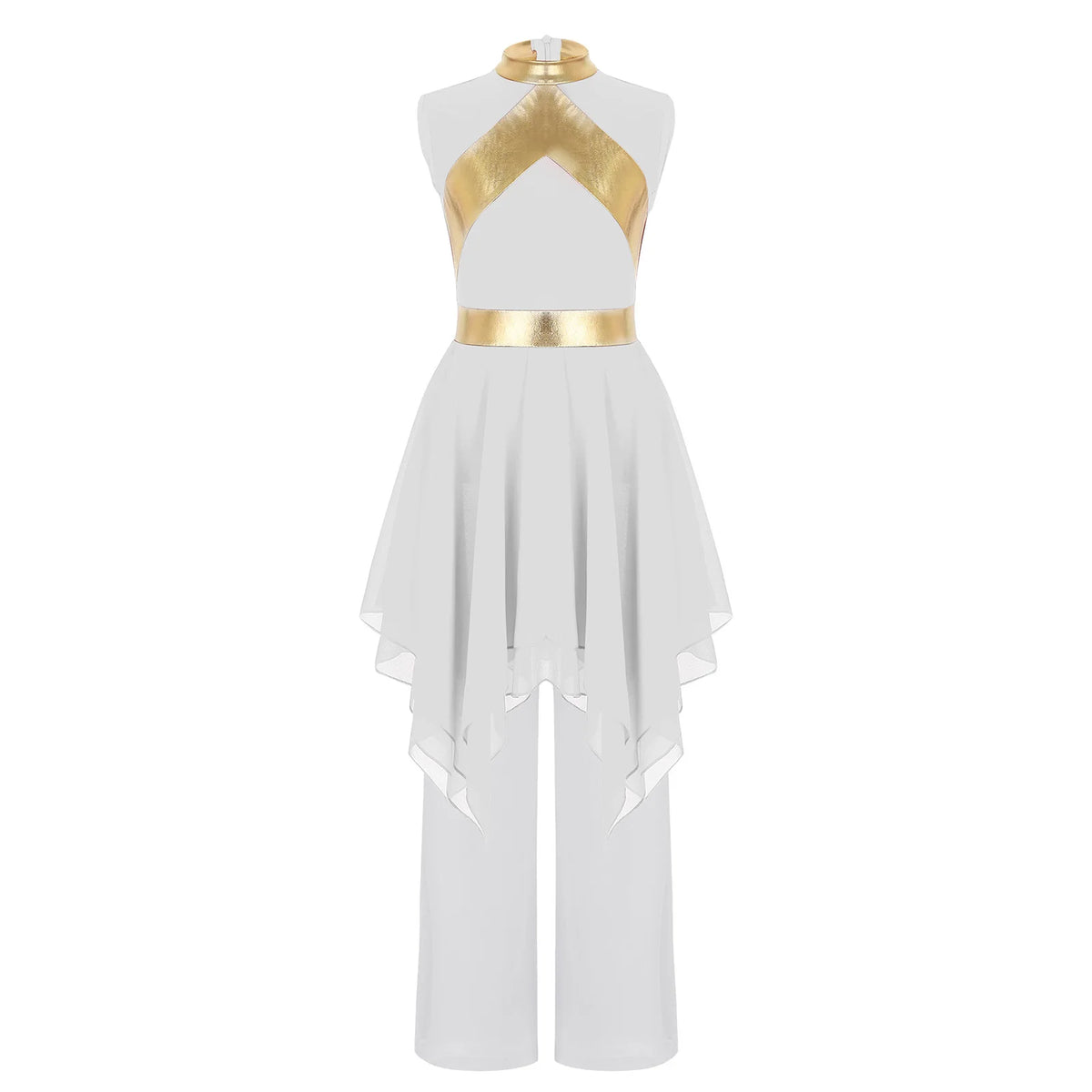 Kids Girls Liturgical Dance Outfits Sleeveless Asymmetrical Hem Contrast Color Dress Sequin Bodice Tunic with Wide-Leg Pants Set