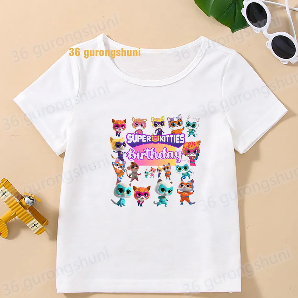 Boys T Shirts Children Clothes superkitties Kids Tshirt super kitties baby T-shirt 4 5 6 birthday summer Tops For Girls-clothing