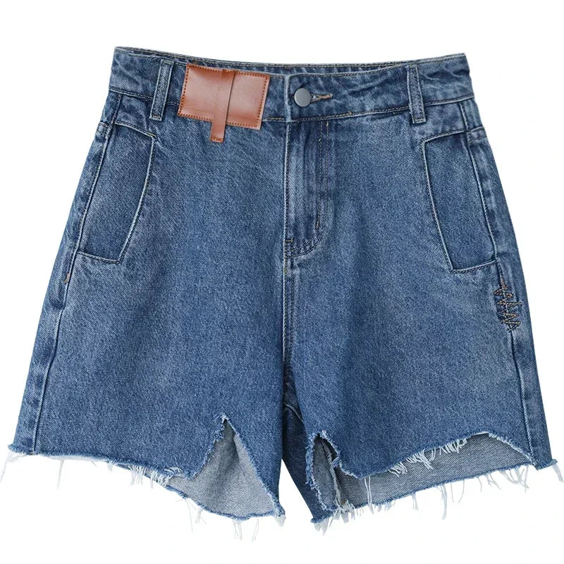 CHIC VEN  Women's Denim Shorts Retro Irregularly Cut Blue High-waisted Short Jeans for Women Streetwear Pants Ladies Summer 2022