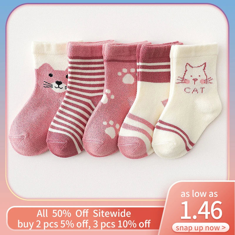 5Pair Cartoon Kids Socks Pink Cat Princess Girl Sock Cotton Keep Warm Winter Middle Tube Socks Baby Footwear Children Sokken Sox