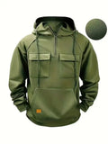 Fashionable Youth Men's Hoodie Solid Color Casual Autumn/Winter Pullover with Multi Pockets Patch Design