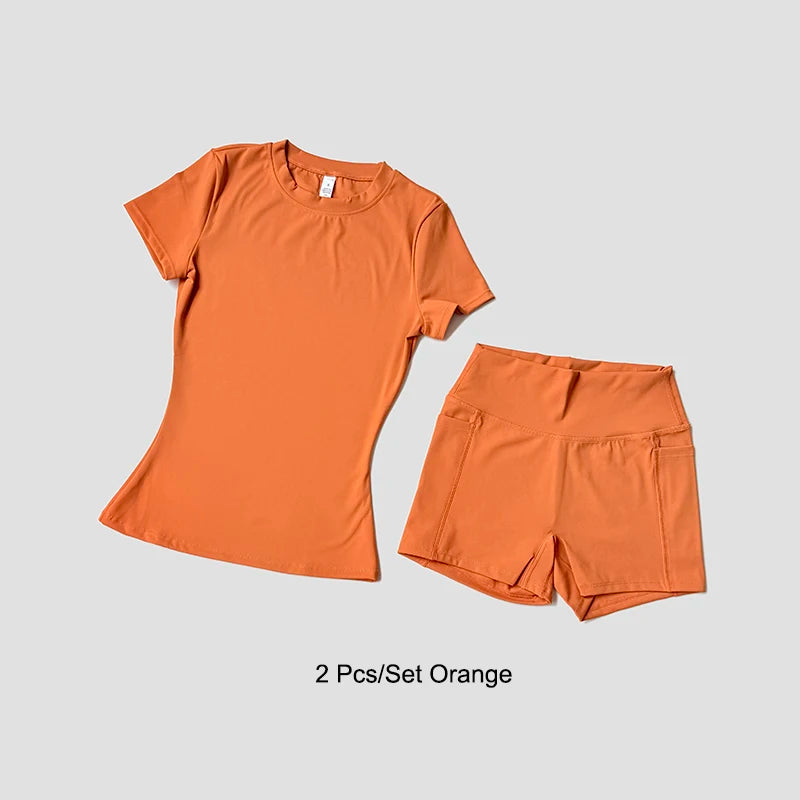 Women's Sports Yoga Set Seamless Knitted Fitness Gym Clothes Sportswear Short Sleeve Crop Top Tracksuits Gym Short Leggings