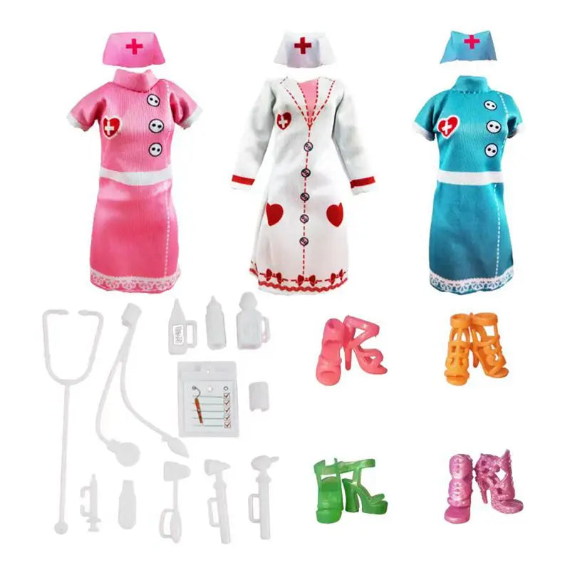 Kids Toys Fashion Outfit Dress Clothes Doctor Nurse Chef Wear Kawaii 21 Items/Lot Doll Accessories 30cm For 11.5'' Dolls Gifts