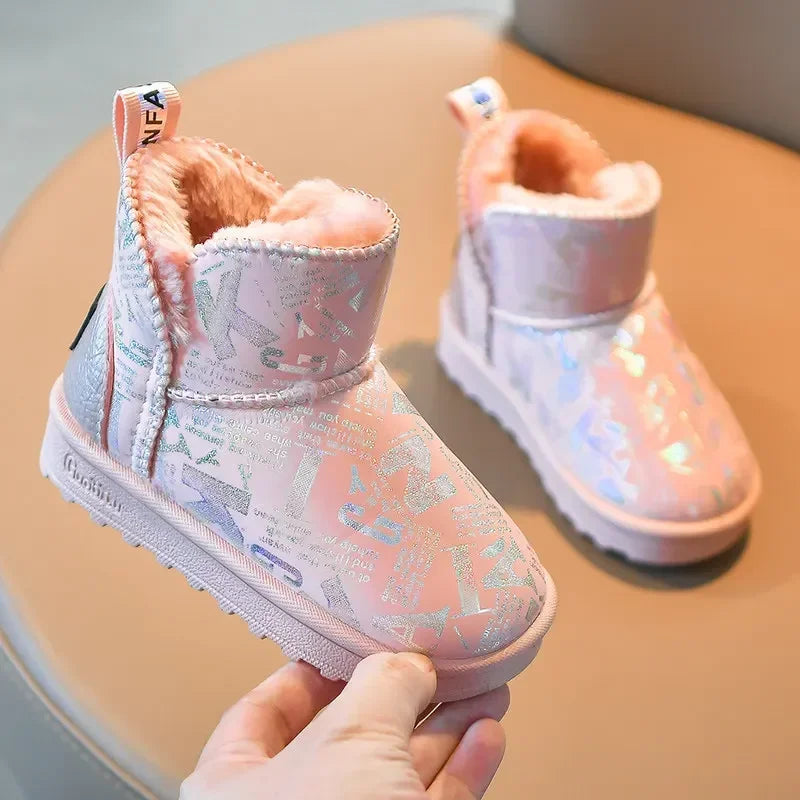 Children's Waterproof Non-slip Leather Boots Stylish and Shiny Kids Winter Fur Warm Shoes Girls' Plush and Thickened Snow Boots