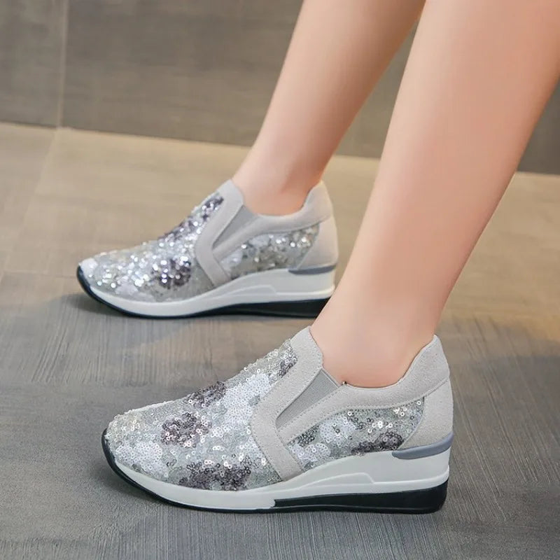 Women's Wedge Sneakers 2026 Spring Autumn Versatile Casual Sequin Design Breathable Casual Thick Sole Women's Vulcanized Shoes