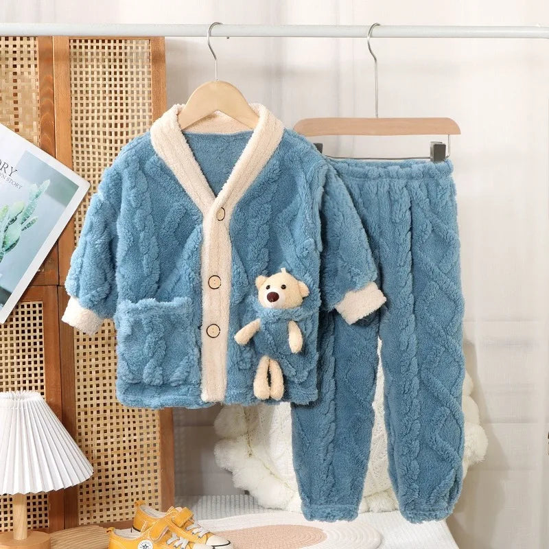 Boys and Girls Pajamas Pajamas Children's Fleece Thickened Coral Thermal Medium and Older Children's Loungewear Pajama Set