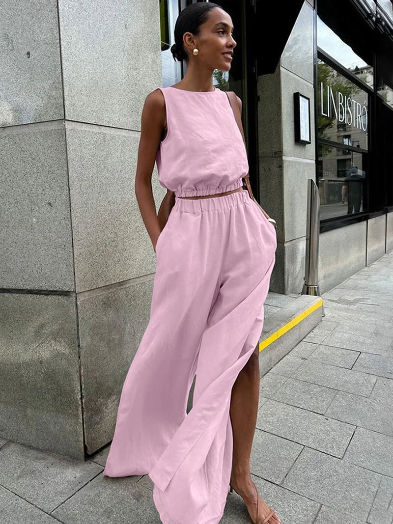 Aynaray 2024 Women Spring Summer Linen Pant Set Solid Beach Outfits 2 Two Piece Matching Suit Set For Women