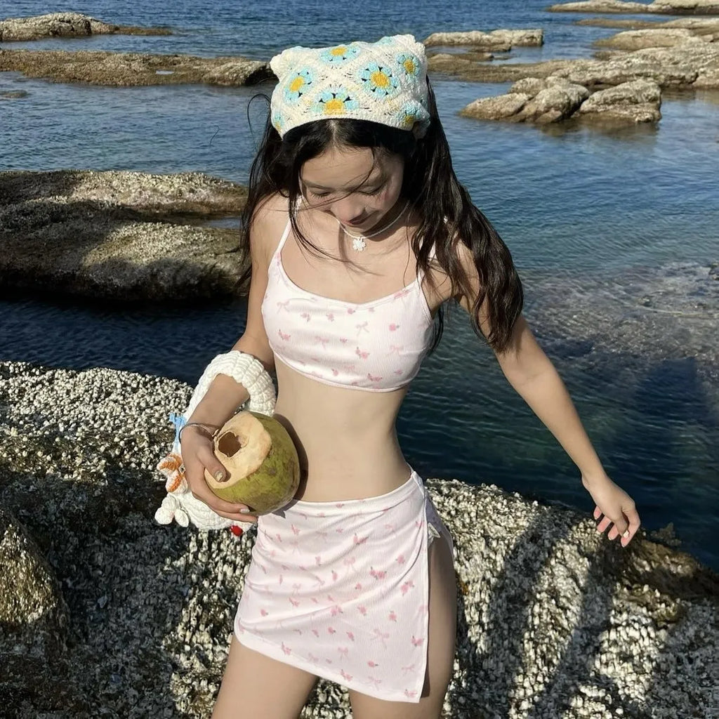 New 3 Pieces Set Floral Swimsuit Women Ribbed Swimwear Sexy Bandeau Bikini with Sarong Skirts Beach Wear Bathing Suit Korean