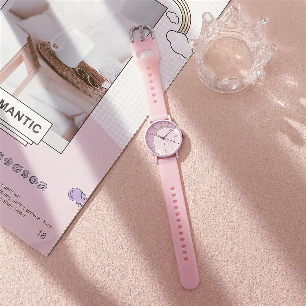 Fashion Women's Pink Minimalist Watch Silicone Strap Quartz Wristwatch Elegant Ladies Watches
