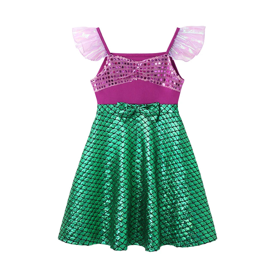 Children's Casual Dress for Girls Mermaid Rapunzel Dress One-Shoulder Sling Short Sleeve Princess Costume Summer Casual Vest
