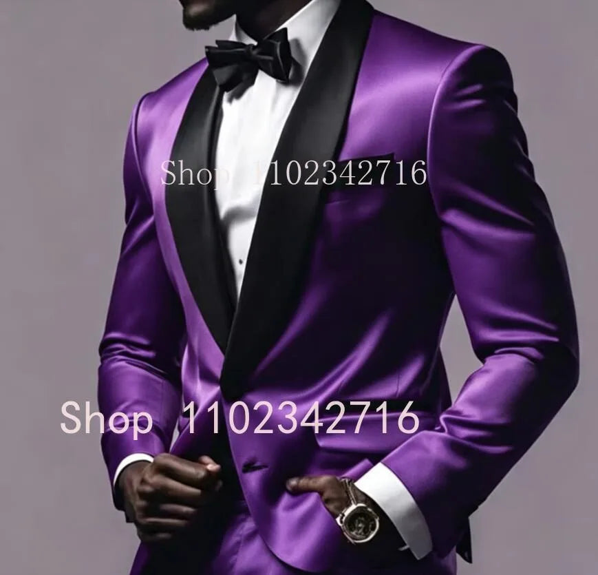 New Luxury Red Satin Men Suits 2025 Shawl Lapel Single Breasted Wedding Blazer 2 Piece Jacket Pants Formal Prom Party Suit Male