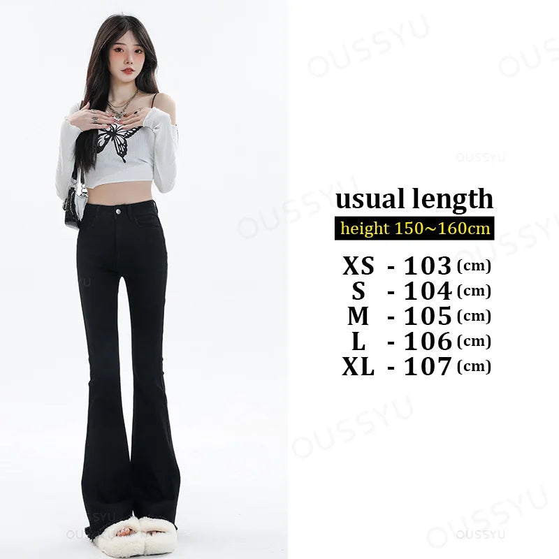 Spring Summer Flared Jeans Women Cotton Vintage Blue Denim Pants Streetwear Elastic High Waist Slim Harajuku Trouser Plus Length