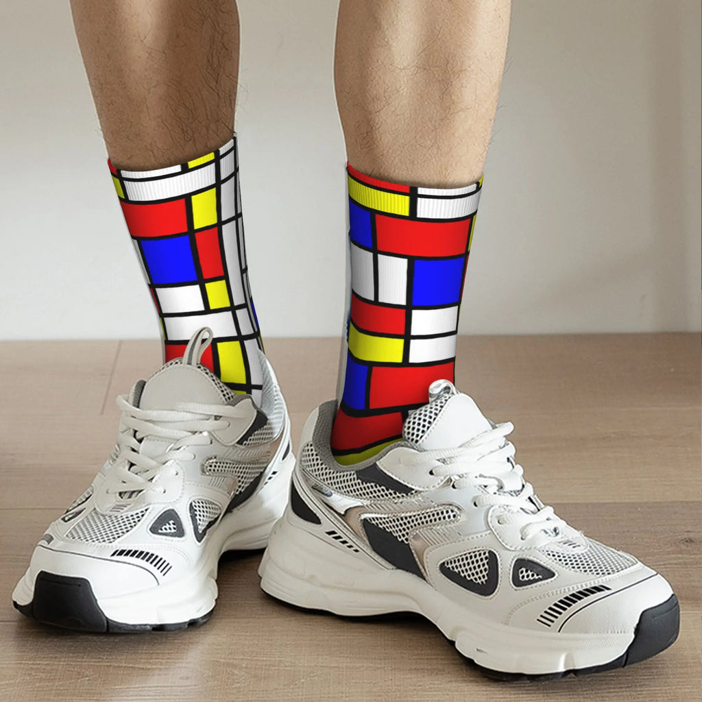 Custom Color Art Retro Mondrian Men Women Crew Socks Unisex Fashion 3D Printed Abstract Art Plaid Dress Socks