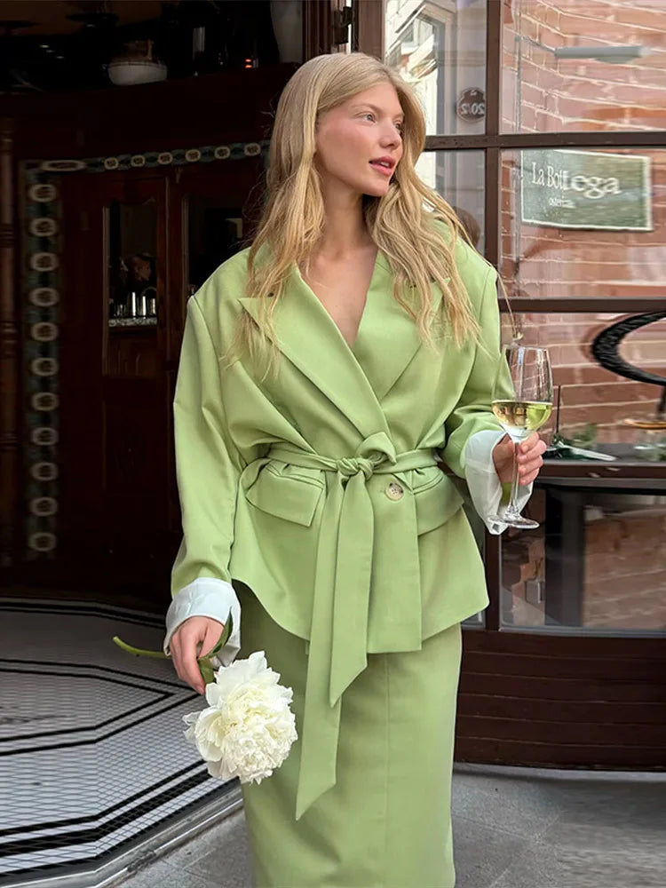 Elegant Solid Women's Blazer Skirts Suit Full Sleeve Lapel Belt Coat Slim Long Skirt Lady Set 2026 Autumn Office Green Set Lady