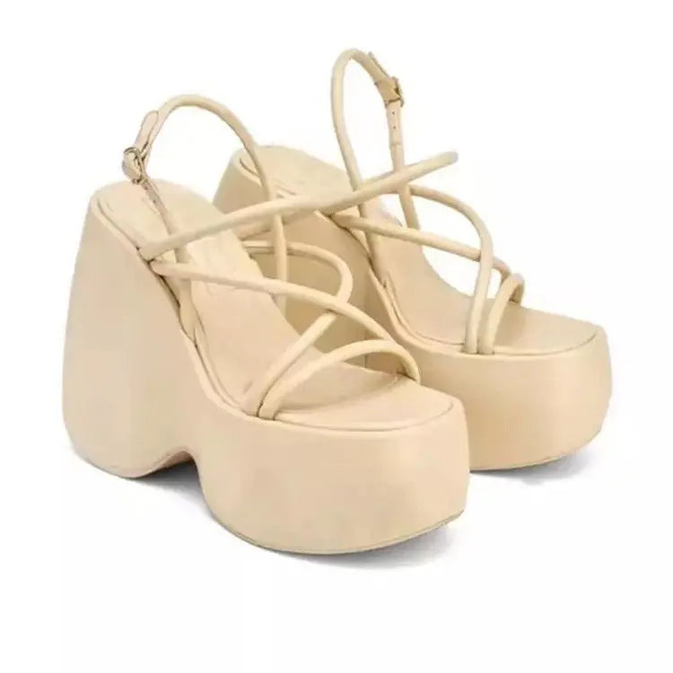 Women's Sandals Summer 2025 New Women Platform Sandals Punk Wedges High Heeled Sandals Sexy Black White Buckle Ankle Strap Shoes