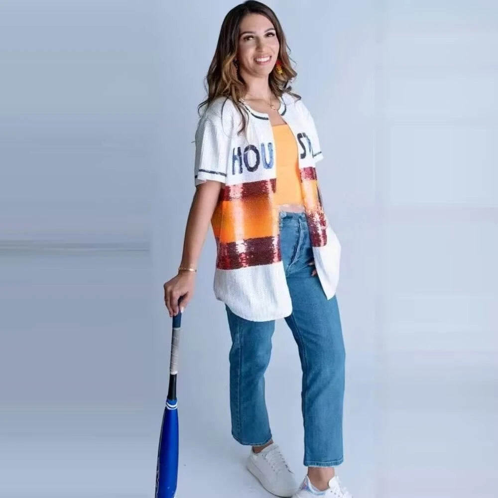 Summer New Letter Round Neck Patchwork Color Streetwear Hip Hop Coat Short Sleeve Sequins Night Club Loose Jackets