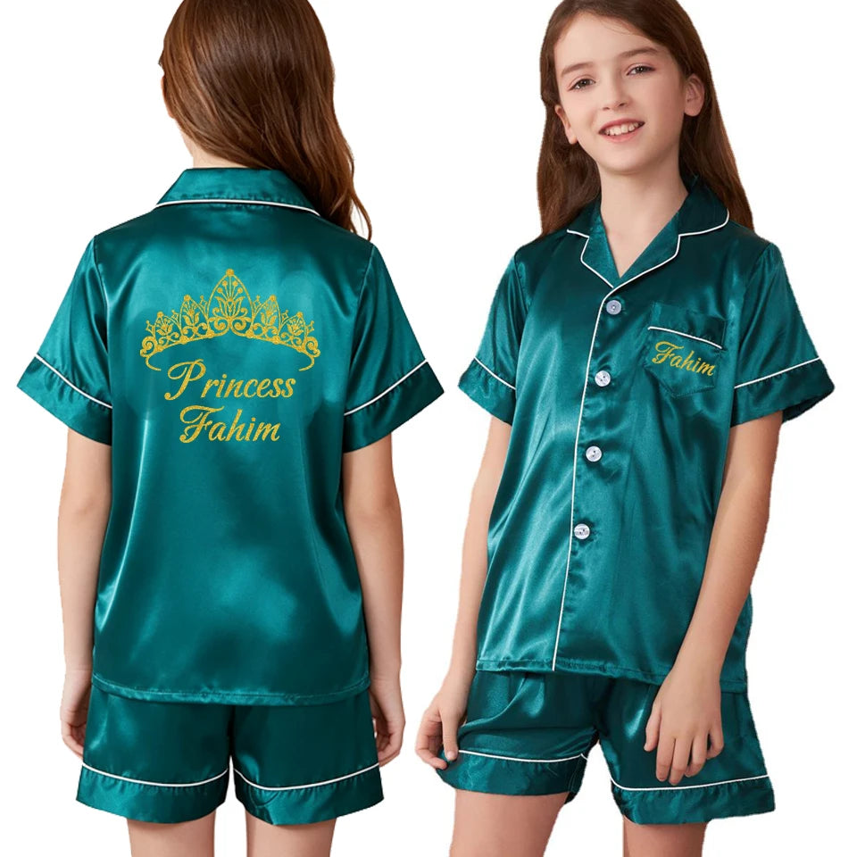 Custom Name and Date Children Pajama Silky Satin Pajamas Flower Girl Personalized Happy Birthday Pajamas Kids Princess Pajamas