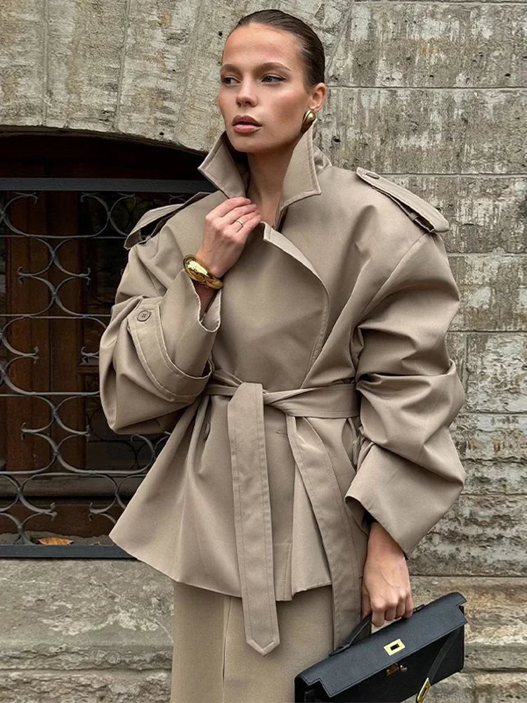 Fashion Lace up Cropped Trench Coat Women Lapel Long Sleeves Wide Shoulder Windbreaker Jacket Fall Commuting Daily Jackets 2026