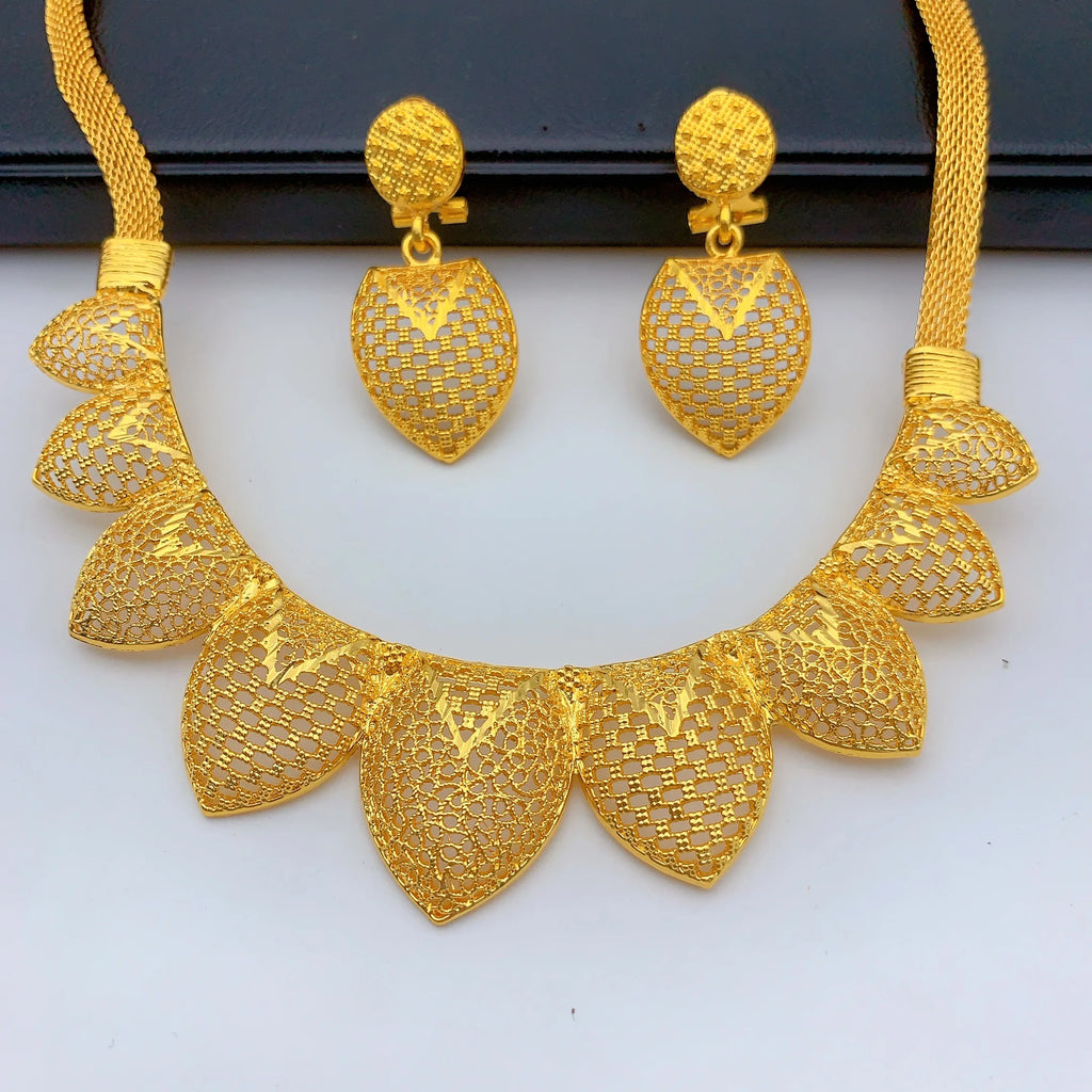 Dubai Jewelry Sets for Women Heart Pendant Necklaces Earrings Two Pieces Set 24K Gold Color Eritrean Wedding Party Gifts